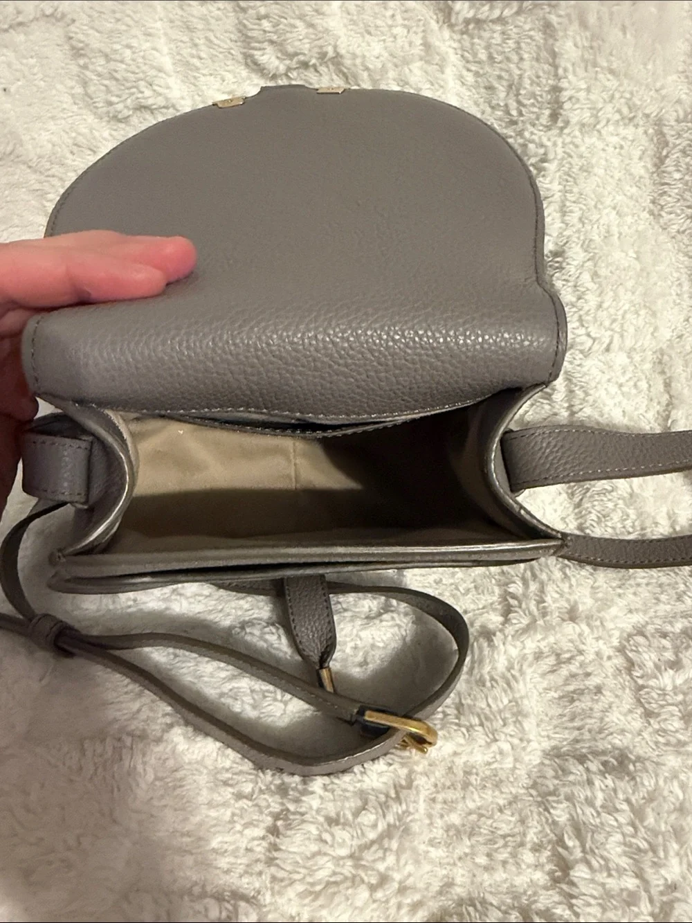 Chloe Gray Leather Crossbody Saddle Bag with Gold Accents